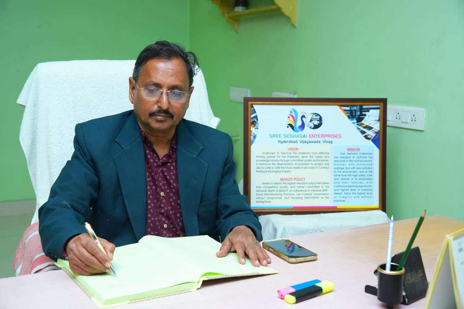 P. V. Suryanarayana, Founder & Managing Director, at his desk at Sree Seshasai Enterprises